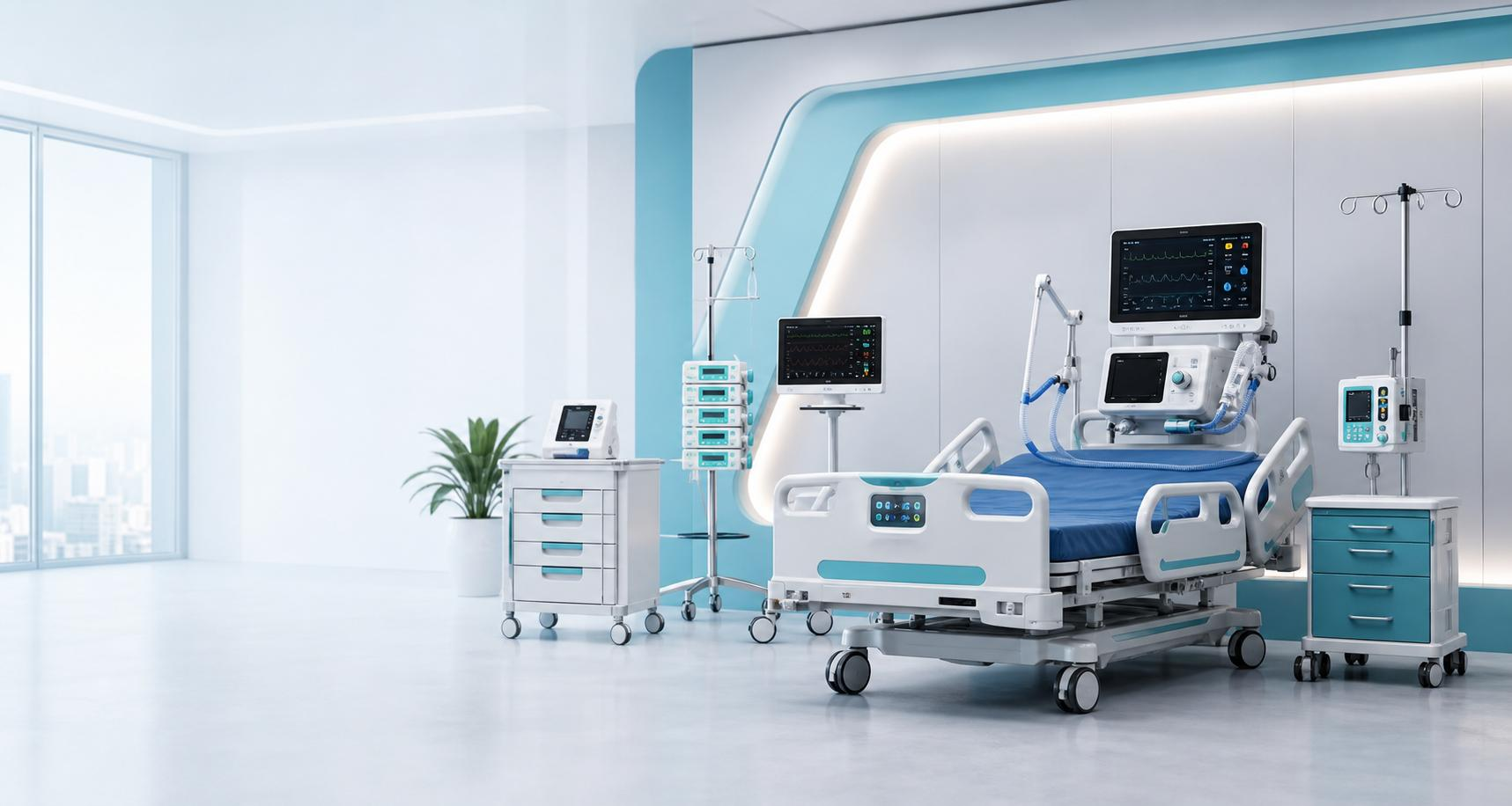 Quarto hospitalar moderno com cama, monitor e equipamentos assistenciais